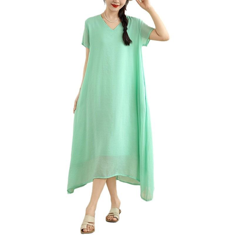 Solid Color V-neck Short-sleeved Cotton and Linen Dress Women's 2025 Summer New Medium-length Fairy Skirt Linen Skirt Children