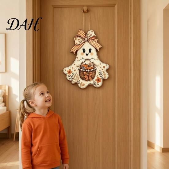 Rustic Harvest Wall Art Cute Bow Ghost Hanging Sign, Retro Floral Door Sign with Pumpkin Halloween Party Background Decor Basket, Vintage Wooden