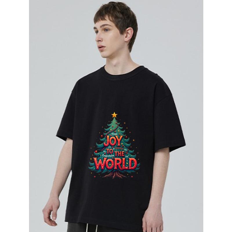 Christmas T-Shirt Black Joy To The World Christmas Tree Print Holiday Party Wear