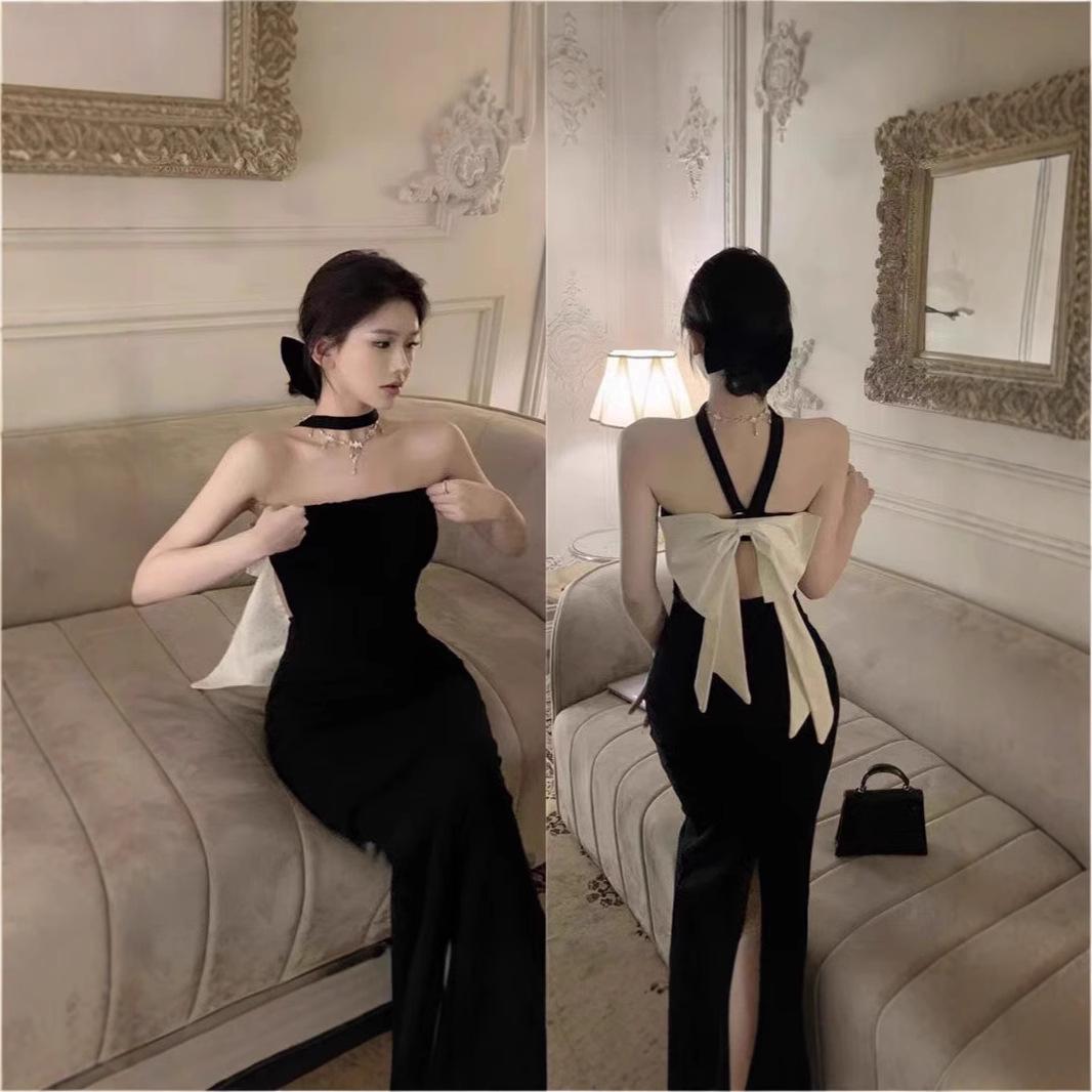 

Slim Fit Backless Bow Halter Little Black Dress - Birthday & Evening Large чёрный
