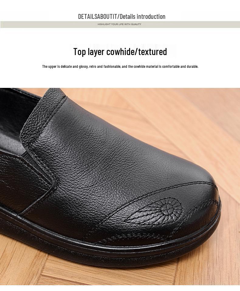 Comfortable Mom's Genuine Leather Flat Shoes - Soft Sole, Lightweight, Classic Design for Middle-Aged and Elderly Women