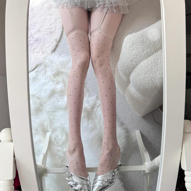 Aurora Polka Dot Sheer Pantyhose - High Transparency JK White & Black Silk Lace Stockings for Women, Autumn to Summer. One Size