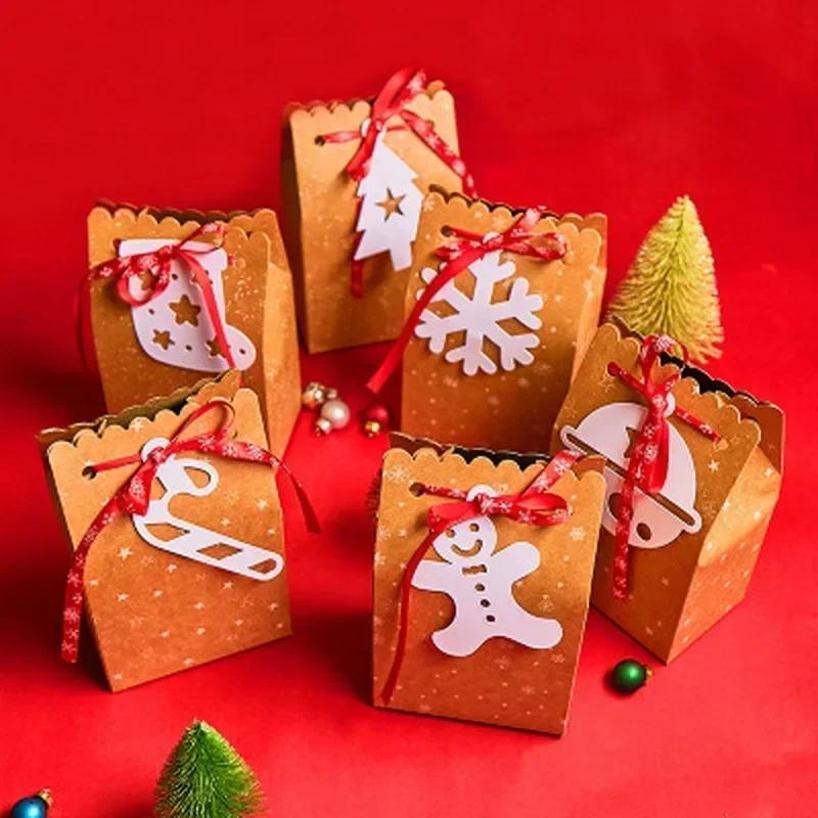 1 Pcs Kraft Paper Bag With Ribbon And Card Tag Packaging Gift Box Wrapping Christmas Party Supplies