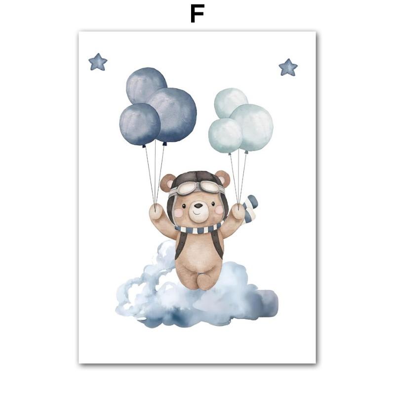 Boho Bear Aircraft Hot Air Balloon Cloud Nursery Posters Wall Art Print Canvas Painting Baby Kids Room Home Decoration Picture