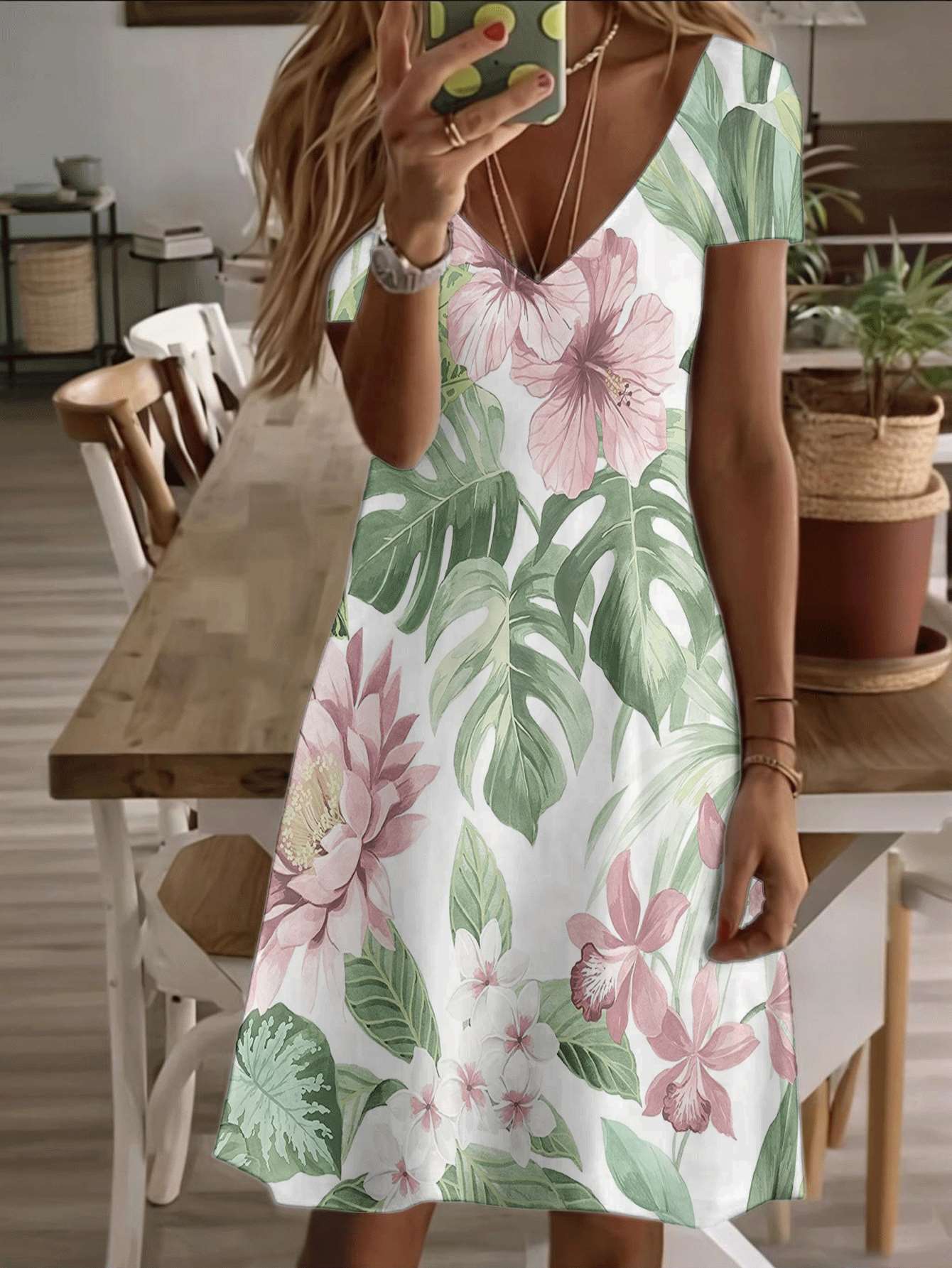 

Vneck shortsleeve midi dress tropical hibiscus floral print pattern 3D premium printing durable casual fashion summer holiday beach outfit elegant bre 8XL дубильная кора