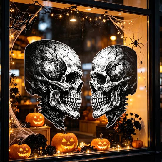Sunproof Decorative Glass Stickers Halloween Skull Static Window Sticker Realistic Skeleton Decal Waterproof PVC Clings Retro Art Mural for