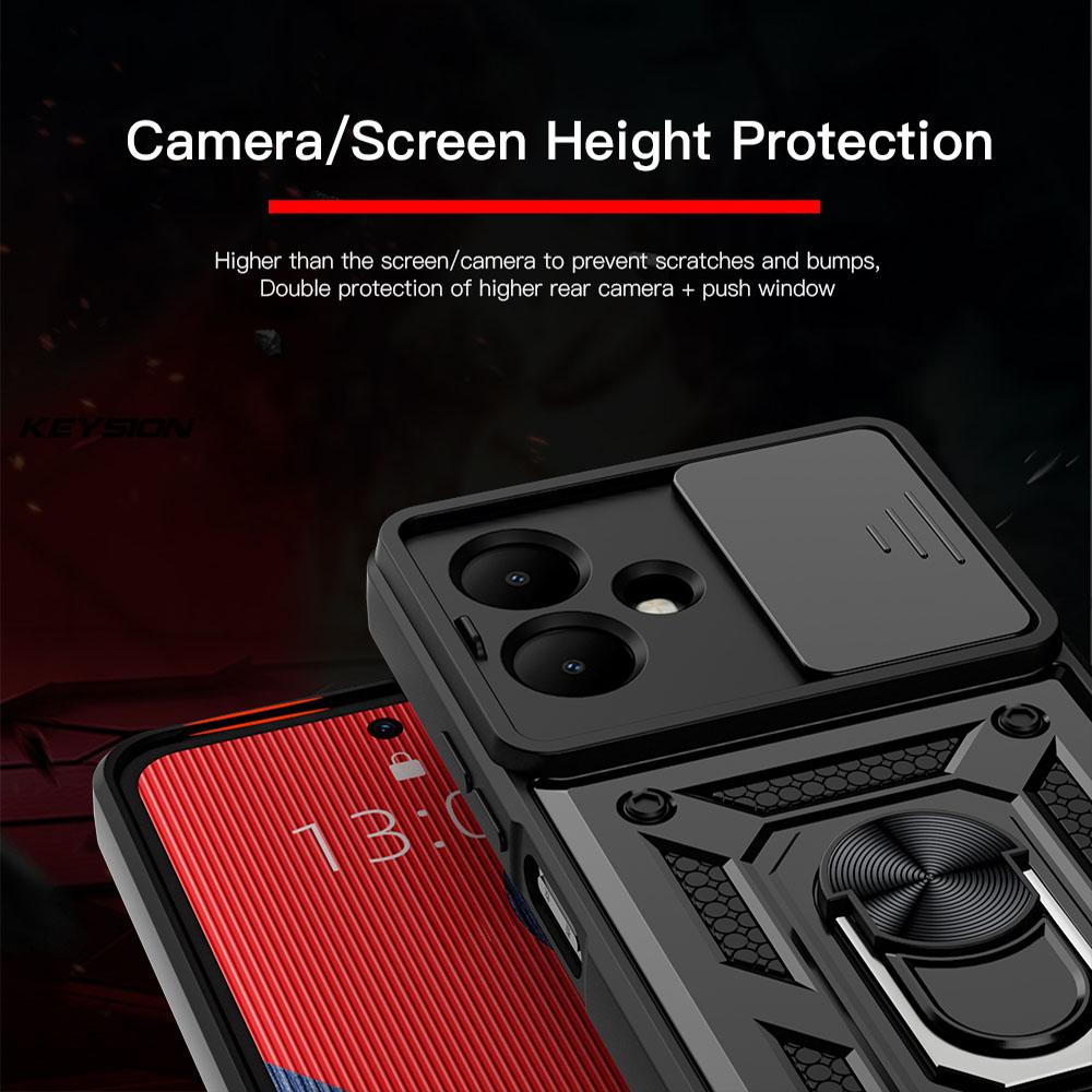 KEYSION Shockproof Case for TECNO Spark Go 2 Pop 10 Slide Camera Lens Protection Ring Stand Phone Cover for Infinix Smart 10