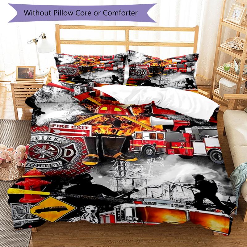 3pcs fire truck Bedding Set Duvet Cover Closure Includes 1 Duvet Cover & 2 Pillowcases, Soft and Comfortable for All Seasons.