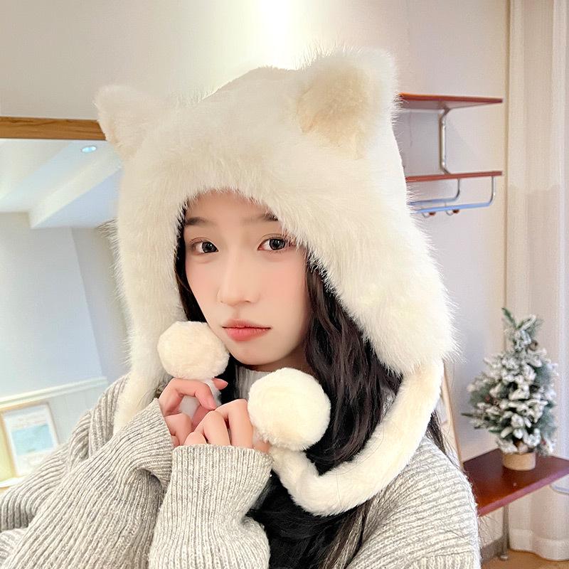 Women's Cozy Fox Ear Plush Hat with Integrated Scarf - Warm, Soft Lei Feng Design for Autumn and Winter. Perfect Ear Protection for Students.