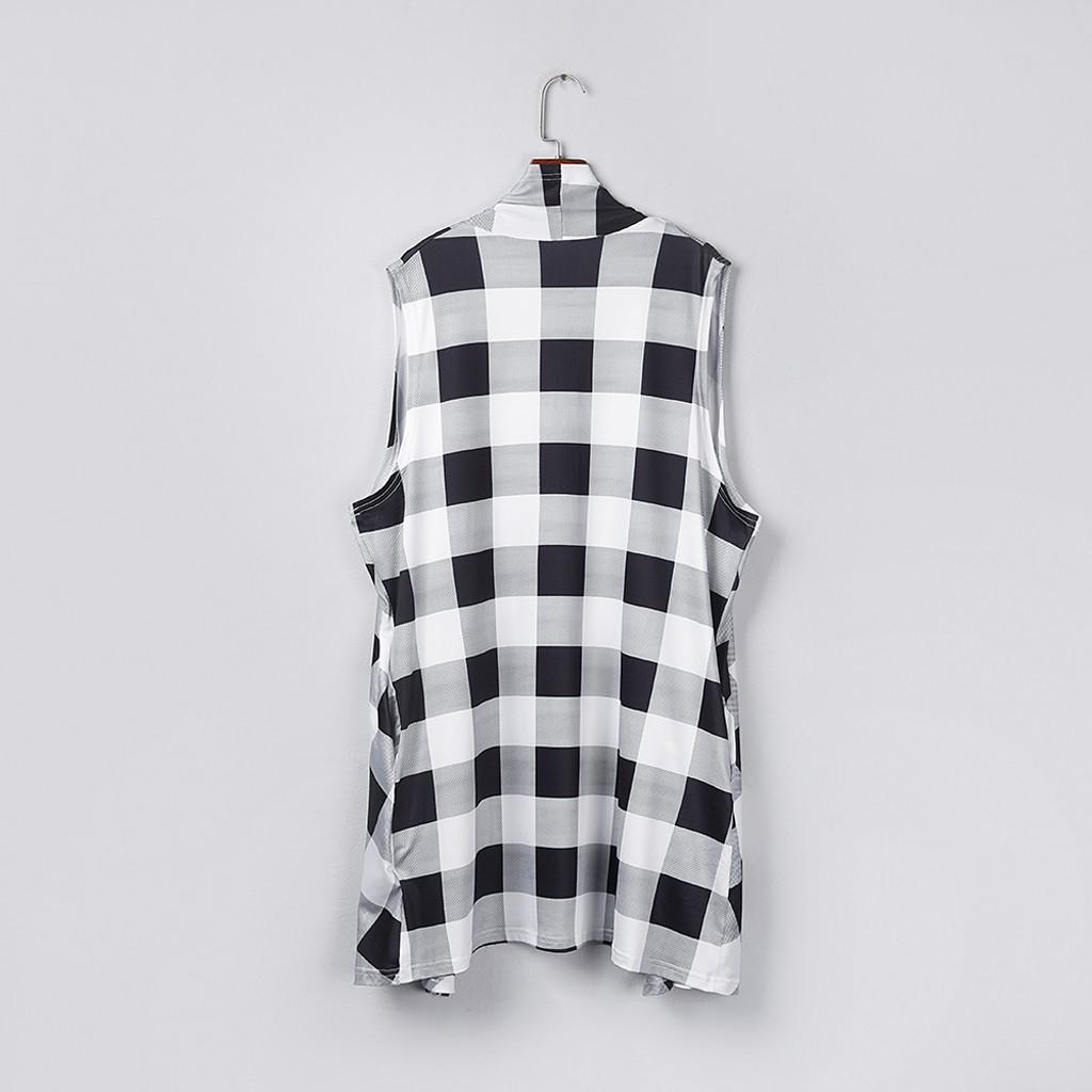 Womens Plaid Open Front Cardigan Sleeveless Pockets Drape Lightweight Vest Coat