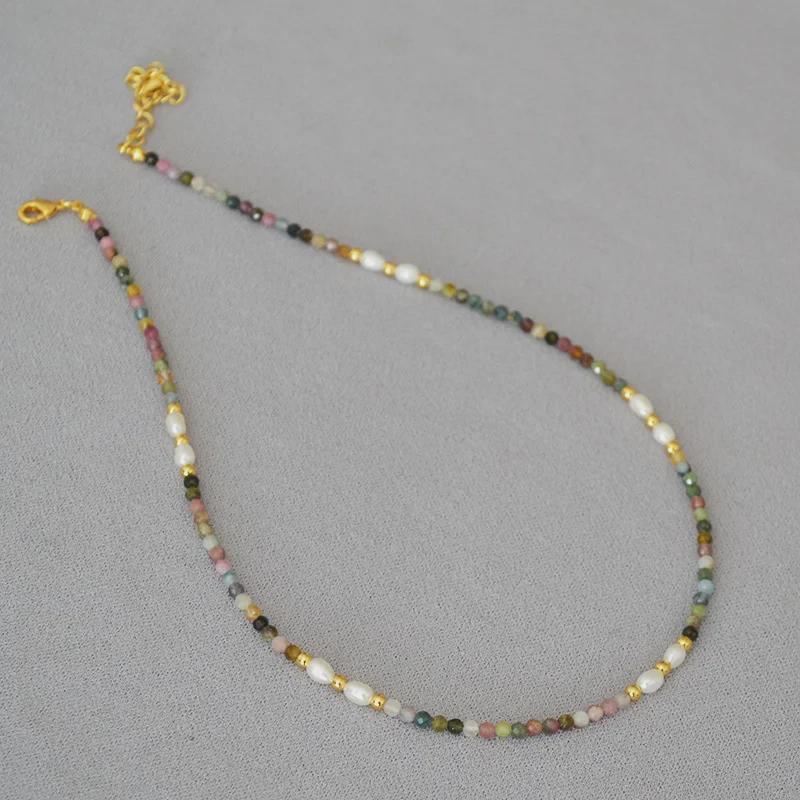 French Retro-Style Tourmaline & Freshwater Pearl Beaded Clavicle Necklace