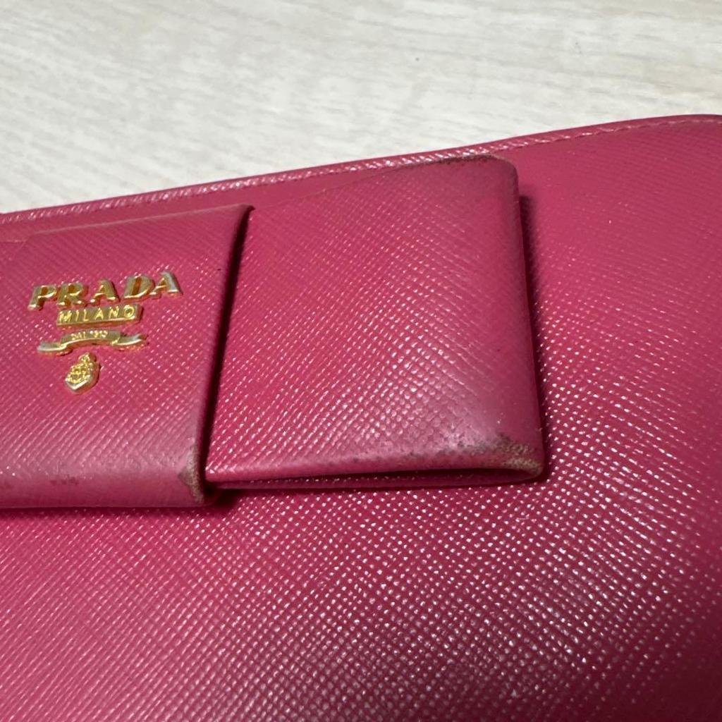 Used PRADA Saffiano Leather Ribbon Round Zip Long Wallet Pink
