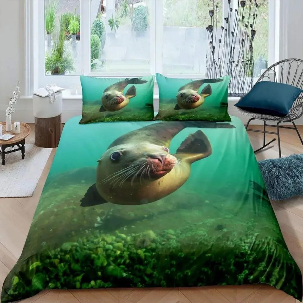Seal Bedding Set fur seal Duvet Cover Marine life quilt cover Pillowcase King Size Marine Life Polyester Comforter Cover