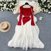 Französischer Sanfter Wind Dreidimensionale Blume Revers Langarm Gestrickt Spleißnetz Flauschig Unregelmäßig Fee Kleid Trend