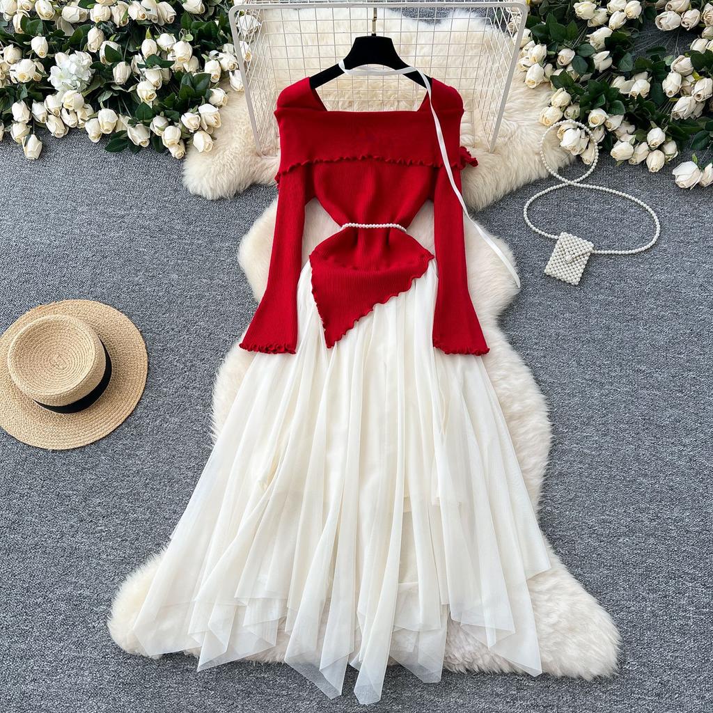 Französischer Sanfter Wind Dreidimensionale Blume Revers Langarm Gestrickt Spleißnetz Flauschig Unregelmäßig Fee Kleid Trend