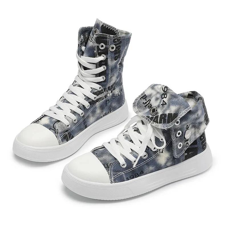 

Кроссовки унисекс для женщин, модные принты, высокие парусиновые туфли на шнуровке, мужские двухсторонние повседневные туфли с мягкой подошвой, сезонные тонкие ботинки 37 синий