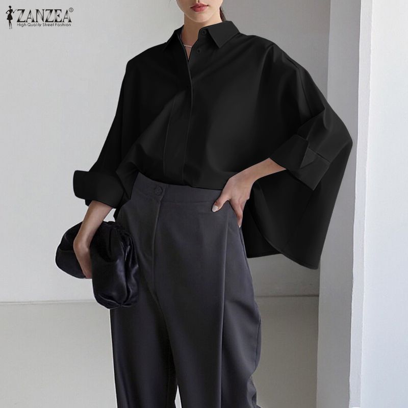 ZANZEA Damska luźna bluzka z długim rękawem i kołnierzykiem