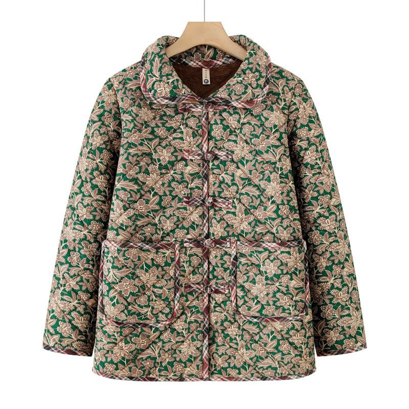 

2025 Autumn/Winter Floral Cotton Jacket for Middle-aged & Elderly Mothers – Warm Loose Chinese Style Outerwear 7XL (170-180 lbs) зелёный