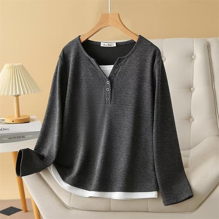 

Осенние Новые Женские Топы Большого Размера Простые и Универсальные Сшитые Поддельные Двойки Футболки с Длинным Рукавом в Качестве Базовых 4XL серый