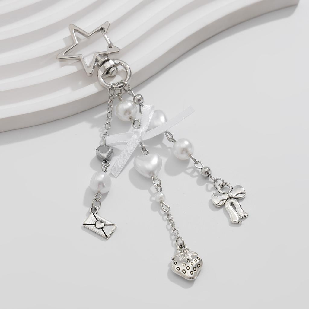 Love Heart Bowknot Keychain Women Creative Imitation Pearl Bead Key Ring Handbag Accessorie Diy Handmade Jewelry