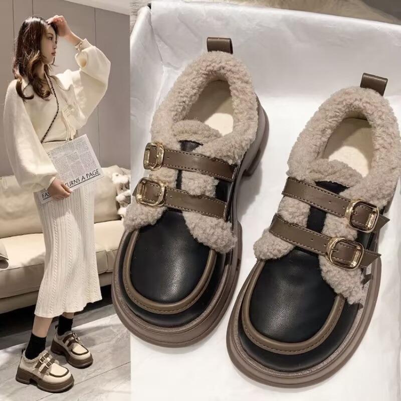 Platform-soled loafer small leather shoes, new winter students to increase their height, cotton shoes and velvet warm shoes