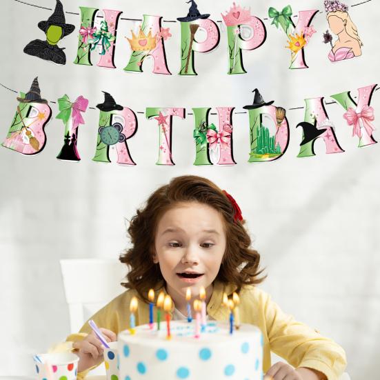 Green And Pink Wicked Theme Party Decoration 24 Cake Toppers 18 Balloons 1 Happy Birthday Banner 1 Large Cake Topper Set Birthday Party Supplies