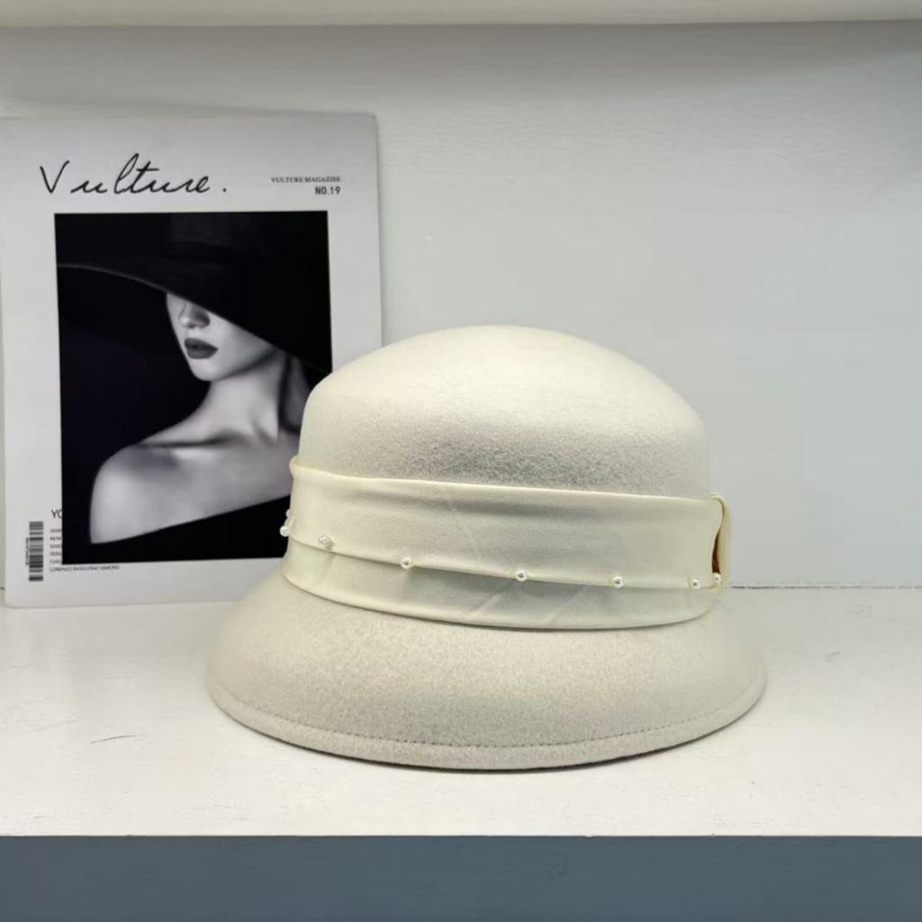 Autumn and Winter% Pure Wool Pearl Wrinkled Cloth with Decorative Small Brim Basin Hat Bucket Hat Women's Elegant Versatile Top Hat