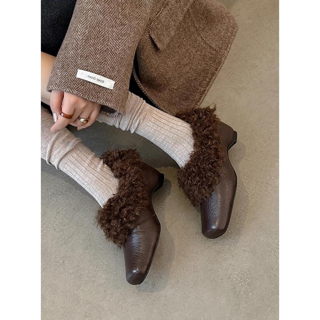 Sheepskin version high-end square head fluffy shoes women's genuine leather velvet warm cotton shoes thickened single shoes Mary Jane small leather