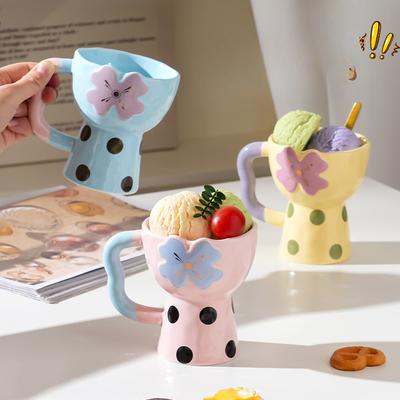 Blumen Hoher Fuß Eisbecher mit Henkel Keramiktasse Dessertschale Mädchen Tasse Kreativer Eis Saft Becher