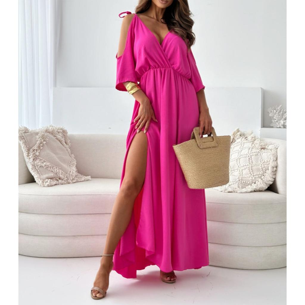 Damska modna sukienka z krótkim rękawem i dekoltem w serek w jednolitym kolorze