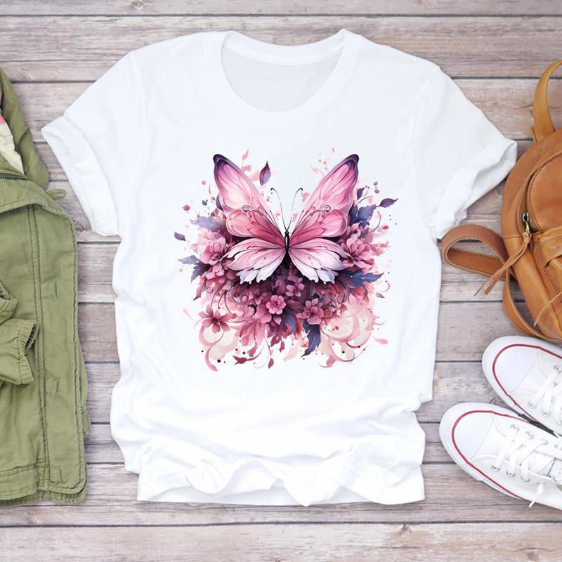 

(Asian Size) Print Lady T Shirt flower butterfly trend cute Fashion Women Clothing Casual Top Short Sleeve Tee Female Graphic T-shirts S