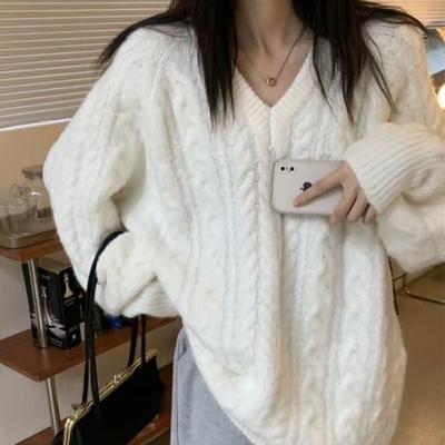 New V-neck Twist Knitted Sweater for Women, Soft Waxy and Loose In Autumn and Winter, Retro Lazy Style Knitted Pullover for Women