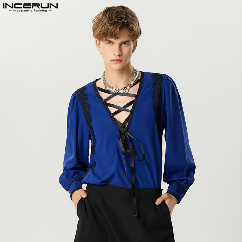

INCERUN мужские рубашки на шнуровке с длинными рукавами, повседневные топы с кружевной строчкой