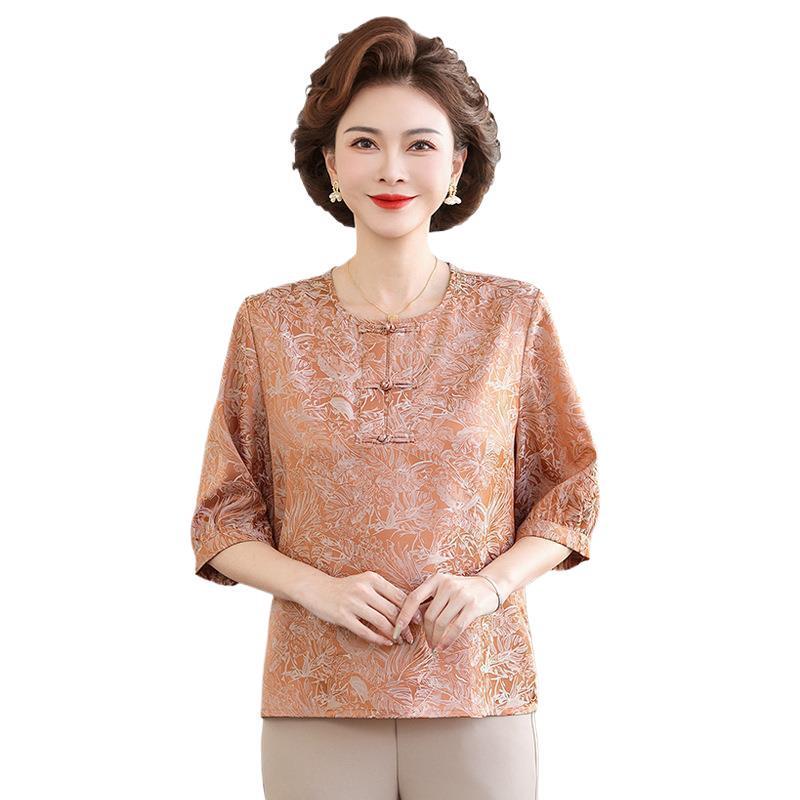 Mom's Summer Seven-Sleeve Chinese Style Shirt: 2023 Fashion for Middle-Aged and Elderly Women.
