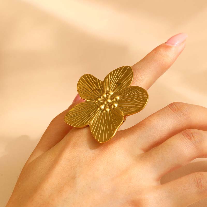 Exaggerated Gold Color Flower Open Rings for Women Fashion Metal Texture Heart Geometric Adjustable Finger Rings Party Zircon