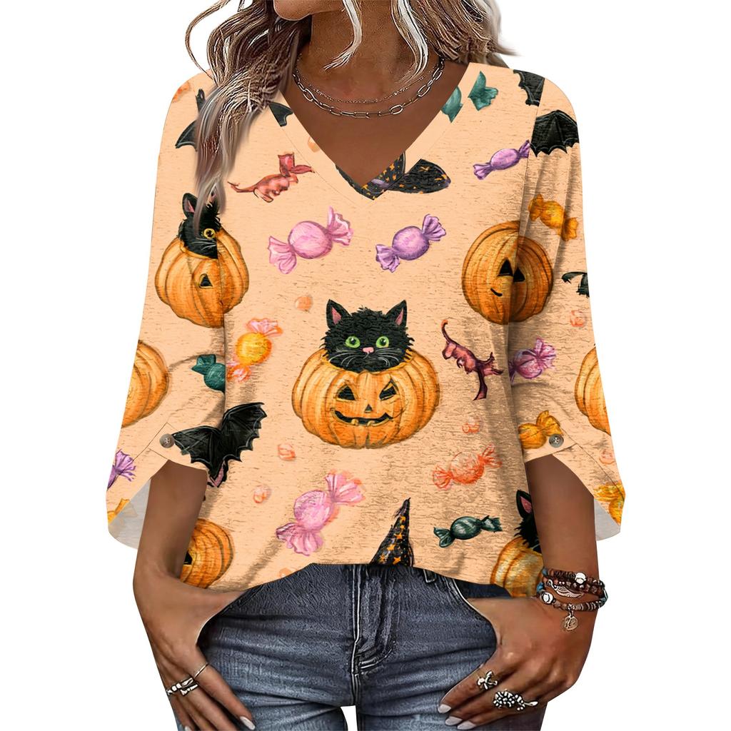 Womens Halloween Print V Neck Three Quarter Sleeve Casual Top Lightweight Loose Fit Pullover Blouse for Autumn and Spring