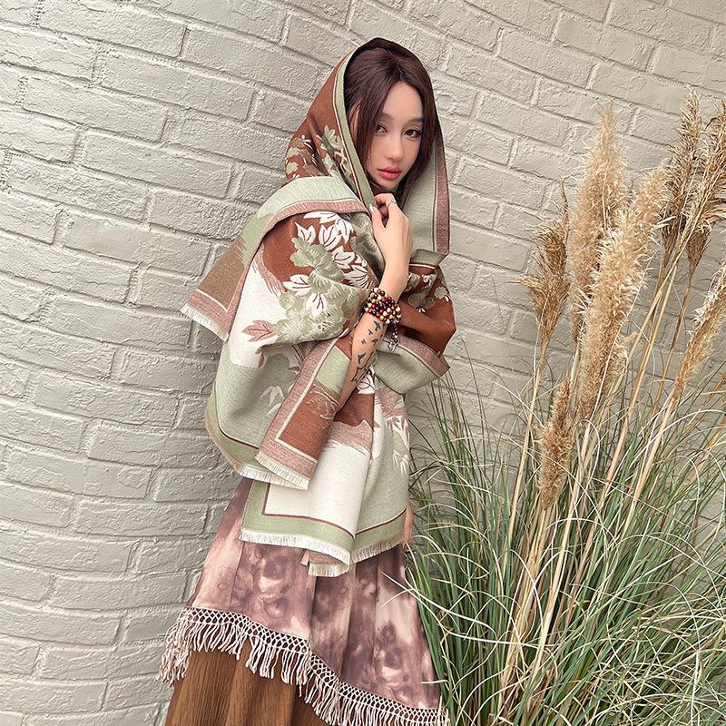 Imitation Cashmere Scarf for Women Elegant and Fashionable National Style Peony Scarf  Warm and Cold Proof Tassel Shawl