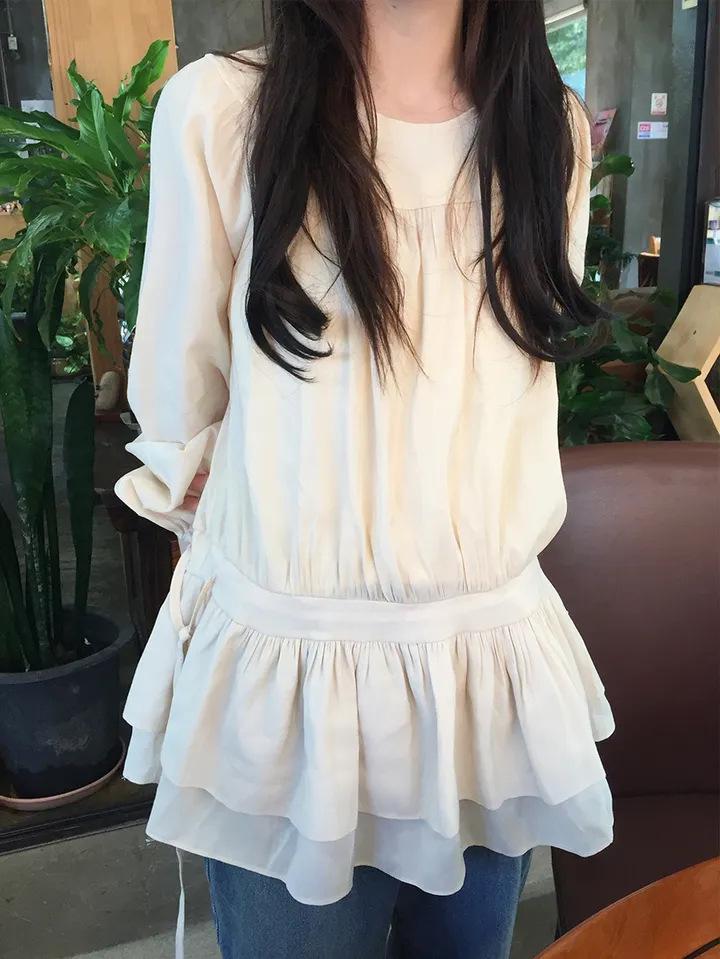 Korean Style Elegant Waist-Cinching Drawstring Loose Slimming Solid Color Spring Dress