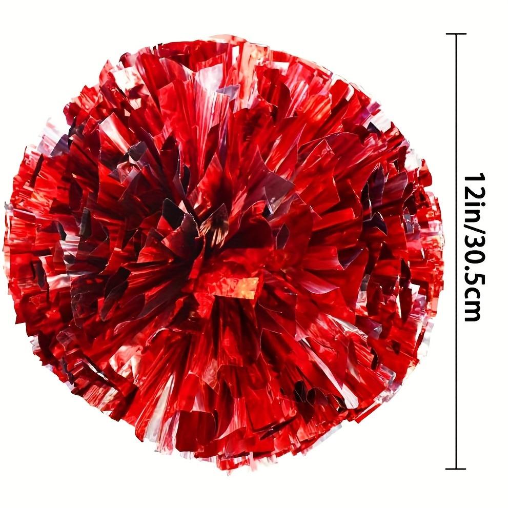 4 PCS (2 Pairs) Metallic Foil & Plastic Cheerleader Pom Poms - with Baton Handles for Sports Party, Dance Team & Cheerleading Spirit (Red/Silver)