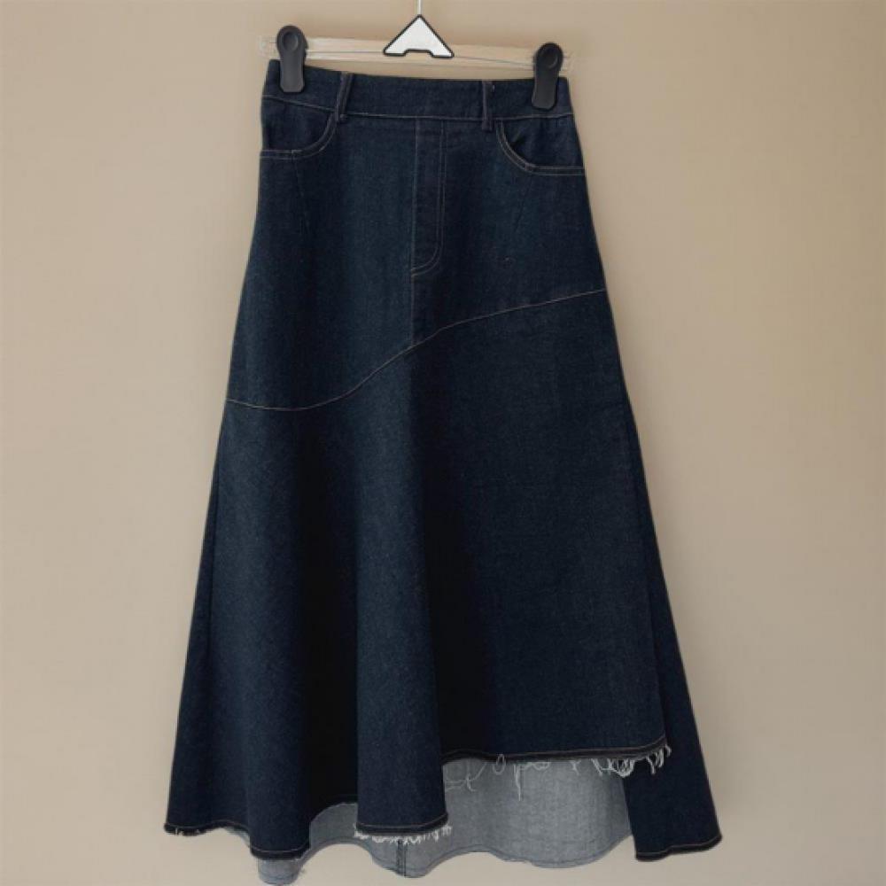 New Arrivals Open Run Women Unbalanced Cutting Stitch Flare Long Denim Skirt