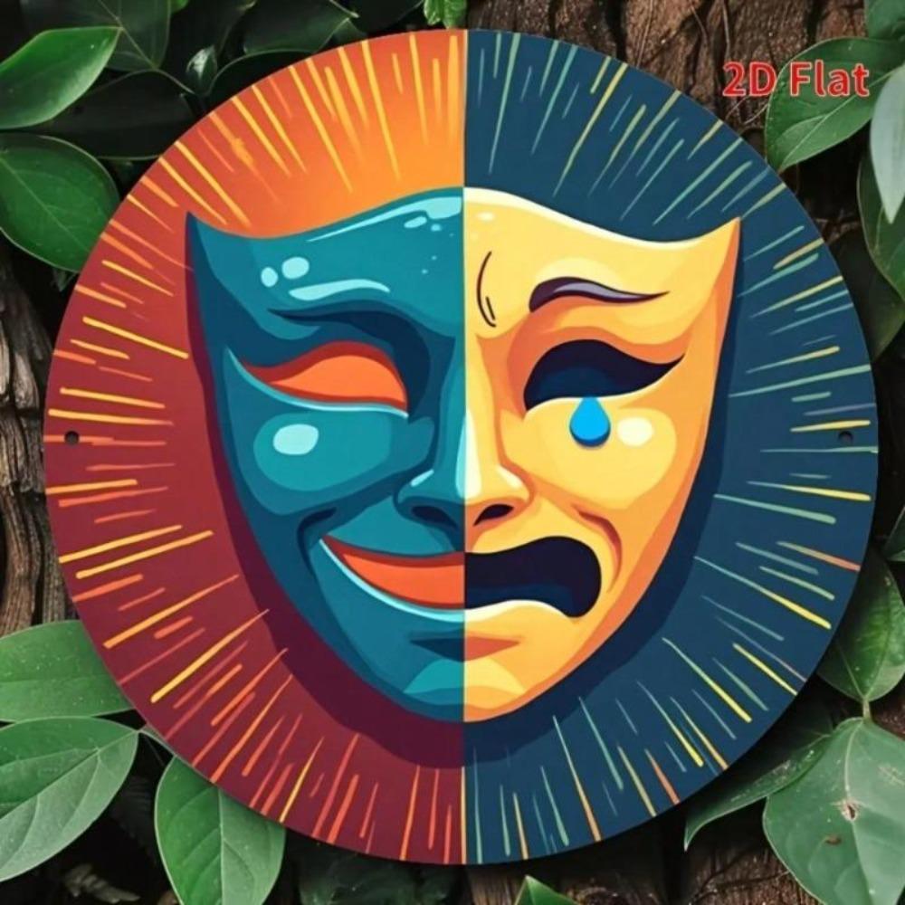 Vintage Drama Masks Metal Sign Teal Blue Red Theater Wall Art Home Decor