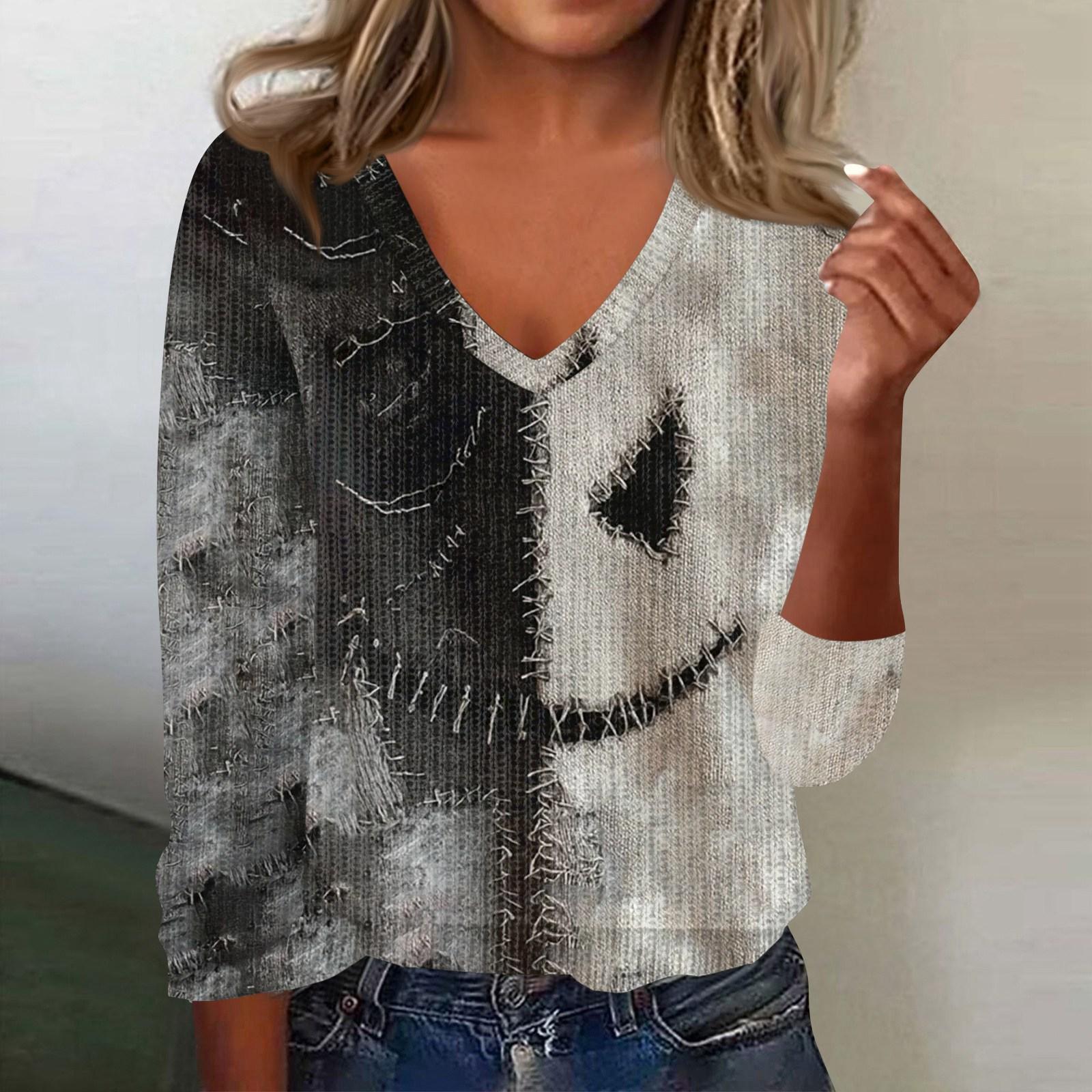 

Женский милый свитер вязаный модный повседневный с V-образным вырезом длинным рукавом уютный с принтом топ XXL