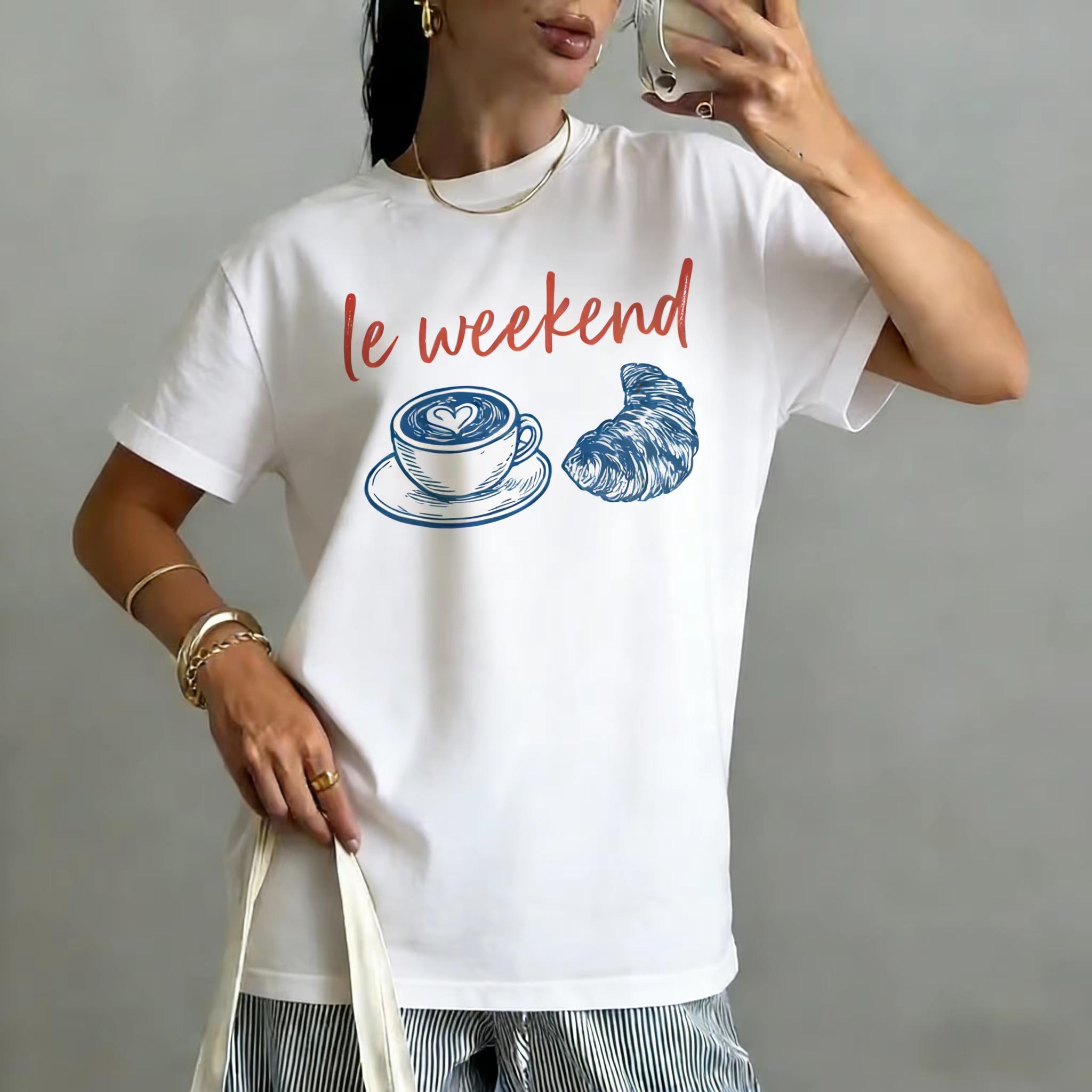 

Le Weekend Graphic TShirt Womens Short Sleeve Crew Neck Casual Top Coffee Croissant Print with Orange Lettering Printed Tee 4XL