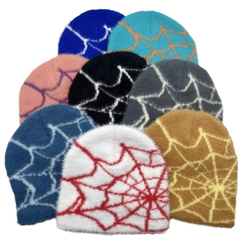 Fashion Plush Knit Spider Web Design Hat For Men Women Pullover Pile Cap Y2K Goth Warm Beanie Hats New Hip-Hop Street Cap