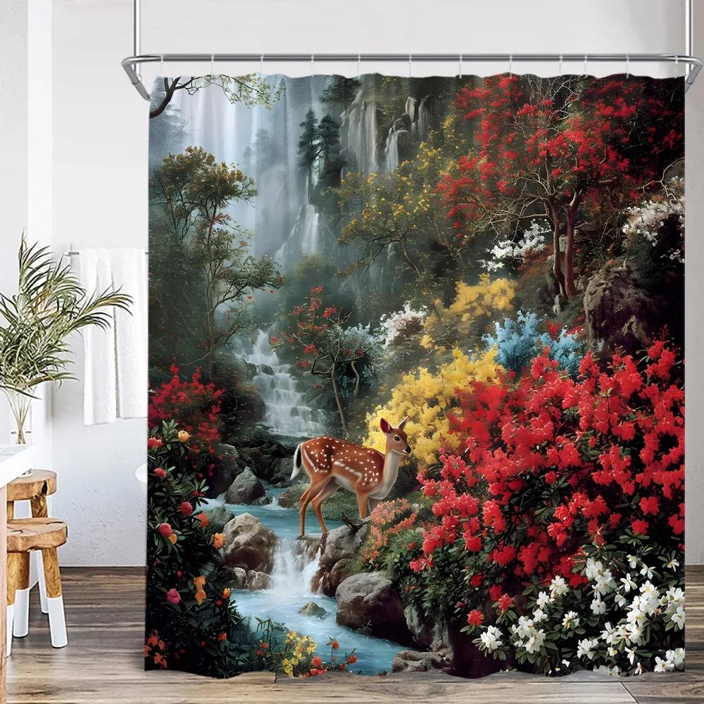 Modern Garden Landscape Shower Curtain Flower Plant Courtyard Bathroom Decoration Polyester Fabric Bathtub Shower Curtain