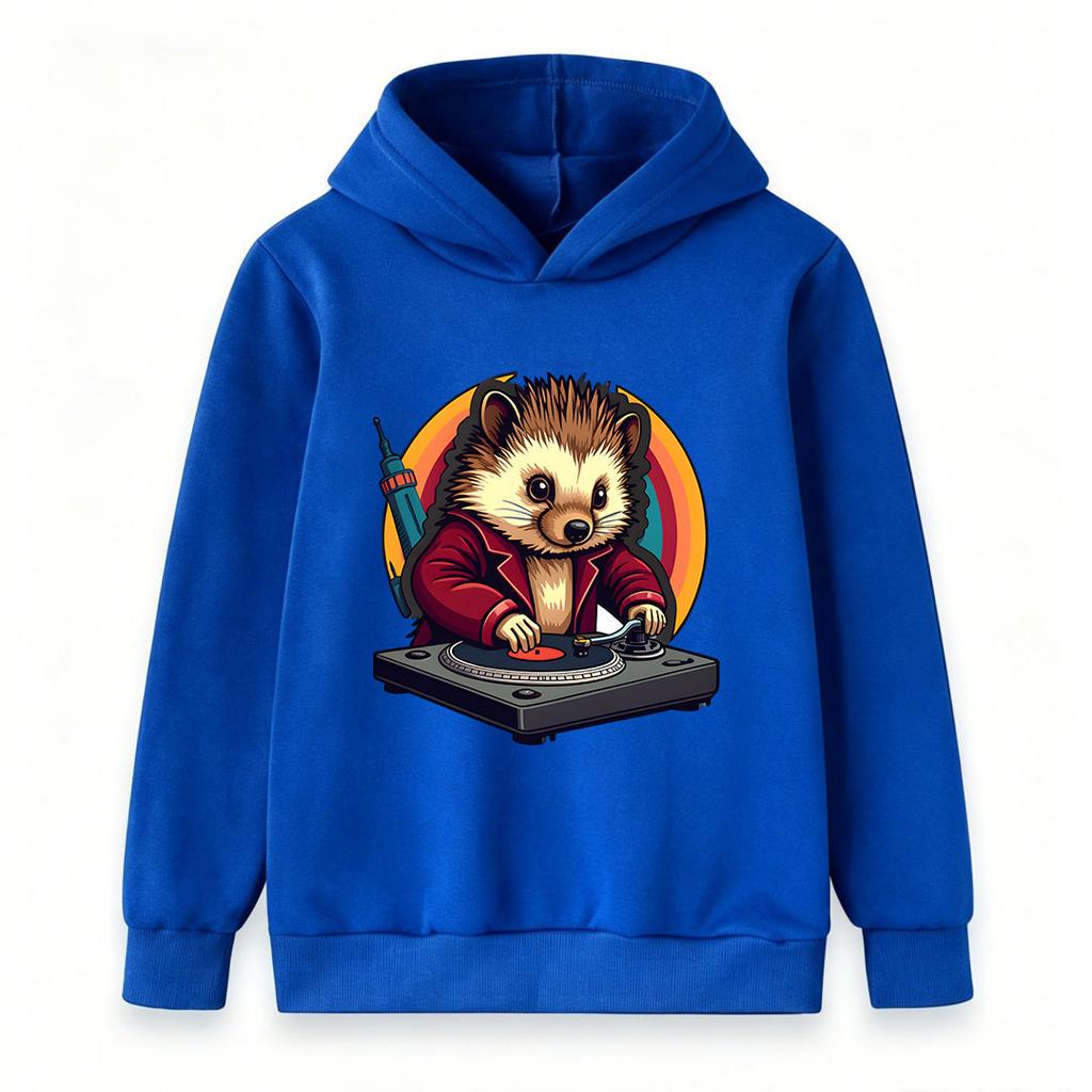 Kids Boys Girls Hoodie, Cute Hedgehog DJ Print Pullover Hooded Sweatshirt, Casual Long Sleeve Tops for Music Lovers Teen Children Daily Wear Party Gif