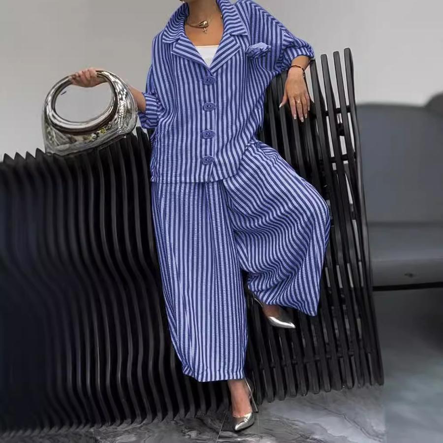 New Autumn Commute Style Floral Striped Loose Blazer Casual Suit Set