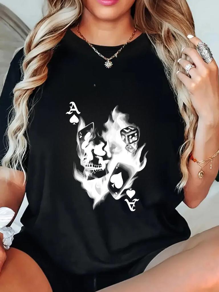 Black Oversized T Shirt With Ace Of Spades Skull And Flames Print For Casual Streetwear Style