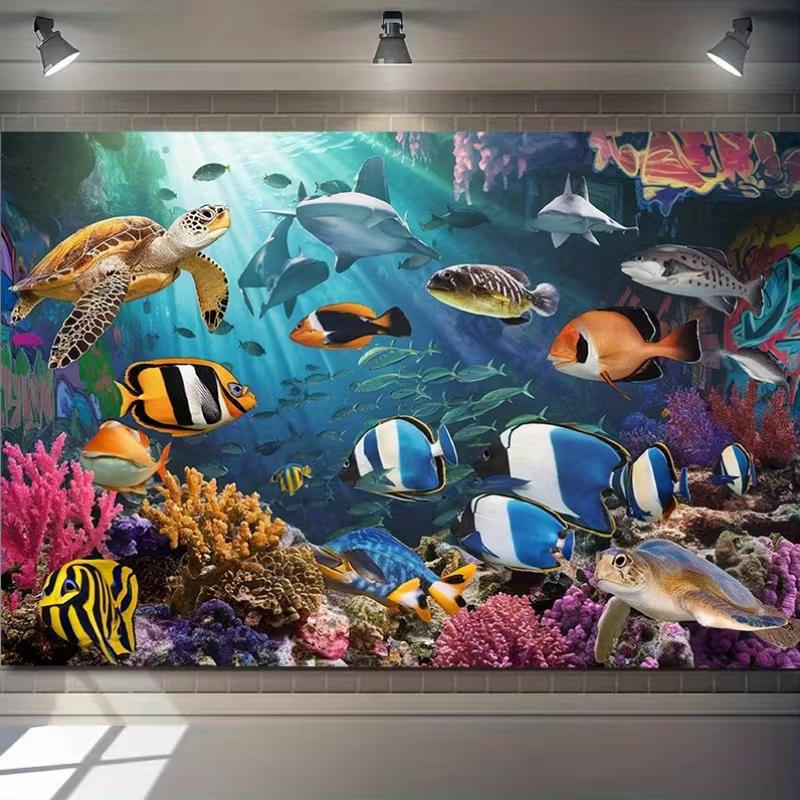 

2D Aquarium Style Tapestry, Underwater World with Sea Turtle, Shark and Coral Reef Wall Art 47.2x31.5inch/120*80cm