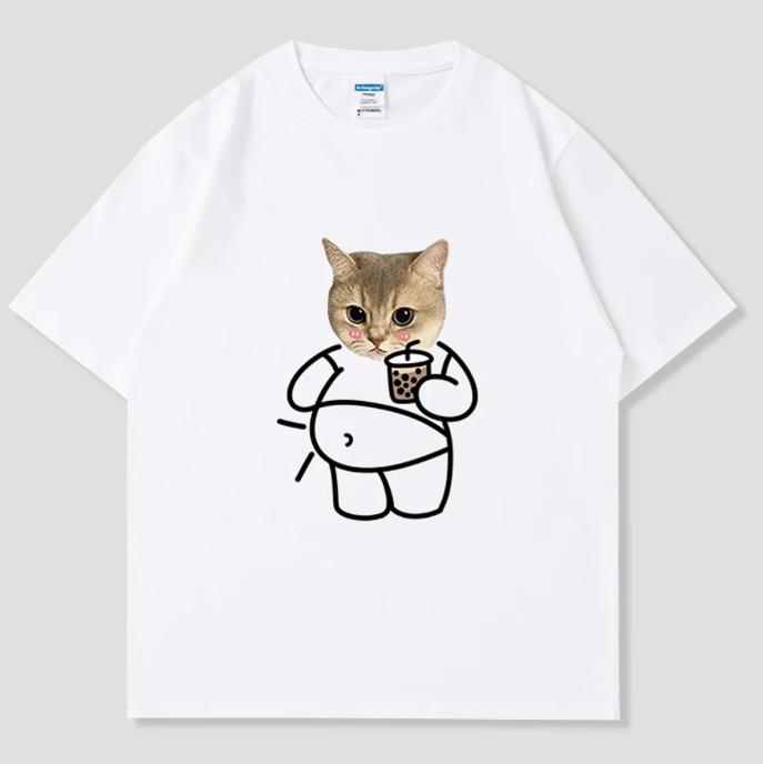 Funny Chubby Cat Bubble Tea Shortsleeved Printed Tshirt Top Unisex Cute Cat Meme Graphic Casual Streetwear for Unisex Black